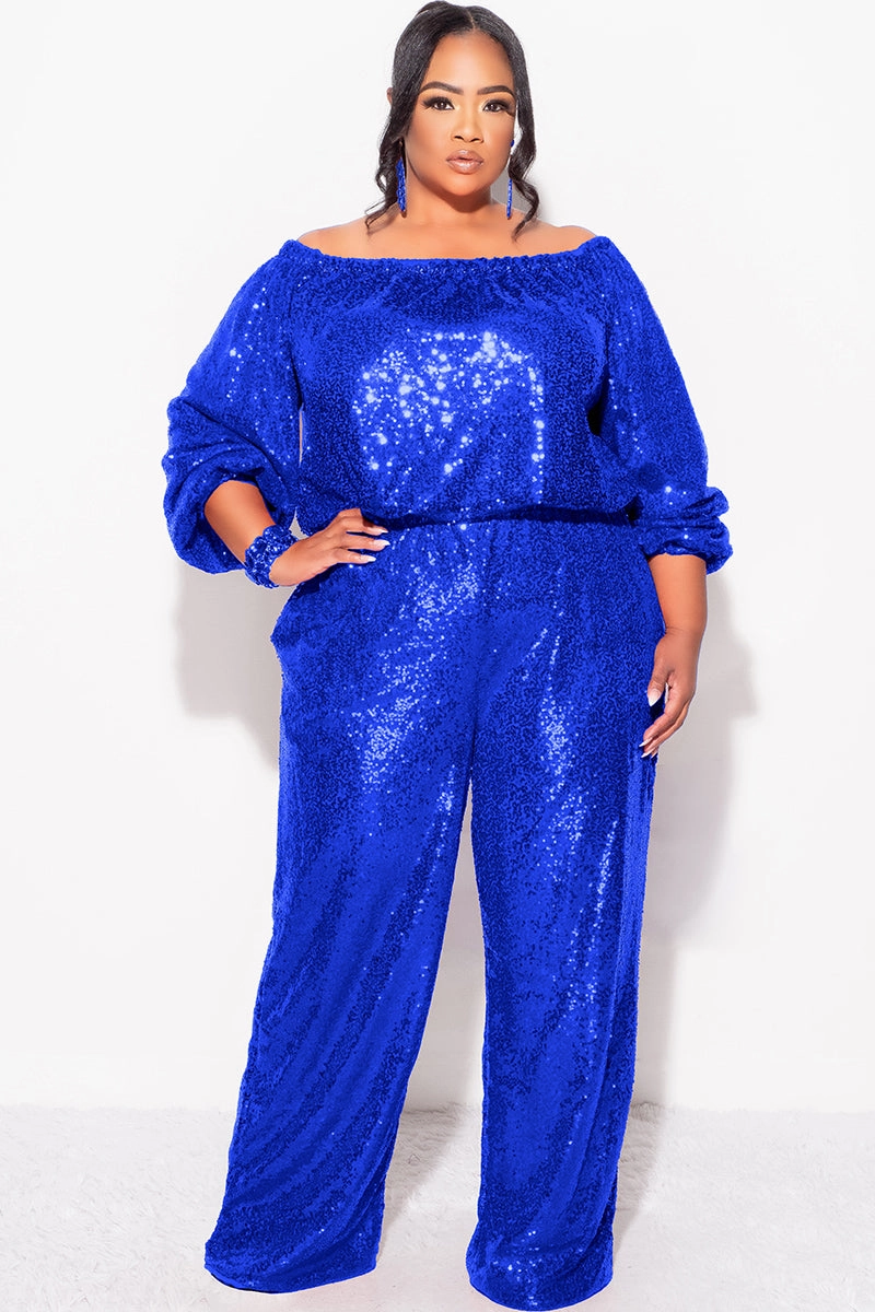Final Sale Plus Size 2pc Sequin Top and Pants Set in ROYAL BLUE Performance Stretch