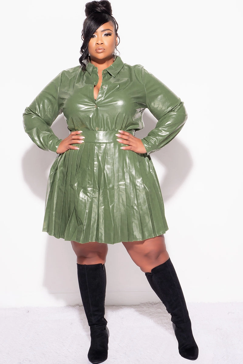 Final Sale Plus Size 2Pc Set Button Up Top With Pleated Skirt in Olive Comfortable Layering Full Comfort