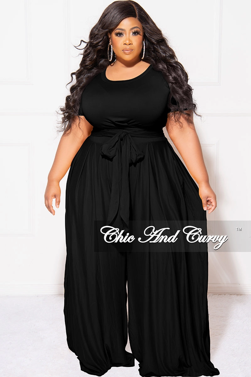 Final Sale Plus Size 2pc Set Cropped Tie Top & Pants in Black Smart Layering