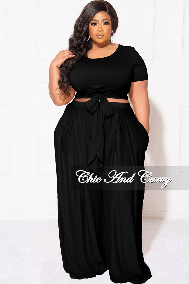 Final Sale Plus Size 2pc Set Cropped Tie Top & Pants in Black Sport Comfort Fit Modular Attachment