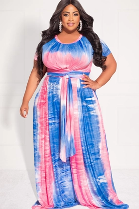 Final Sale Plus Size 2pc Set Cropped Tie Top & Pants in Pink, Blue, and White Tie Dye Print Street Utility