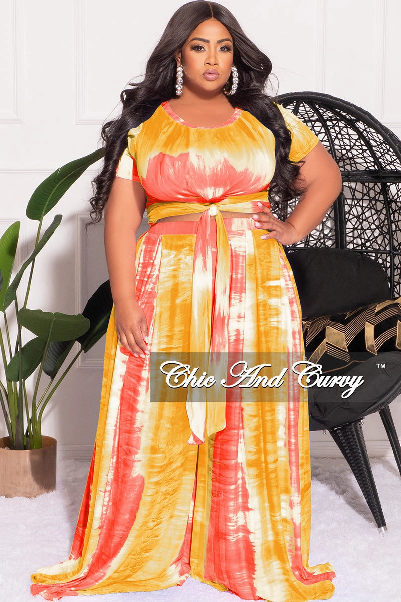 tech fabric Anti Cling Finish Final Sale Plus Size 2pc Set Cropped Tie Top & Pants in Yellow Pink and White Tie Dye Print