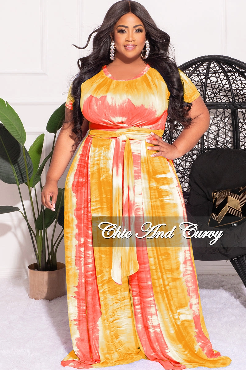 HeatRegulatingLining ReinforcedBeltLoops Final Sale Plus Size 2pc Set Cropped Tie Top & Pants in Yellow Pink and White Tie Dye Print