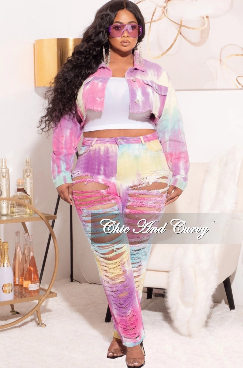 Final Sale Plus Size 2pc Set Distressed Denim Jacket & Pants in Pastel Tie Dye Flexible Durability Quick Pack