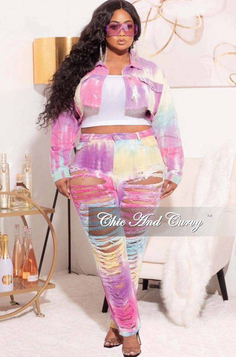 Final Sale Plus Size 2pc Set Distressed Denim Jacket & Pants in Pastel Tie Dye SecureZipperClosures Sustainable Fabric