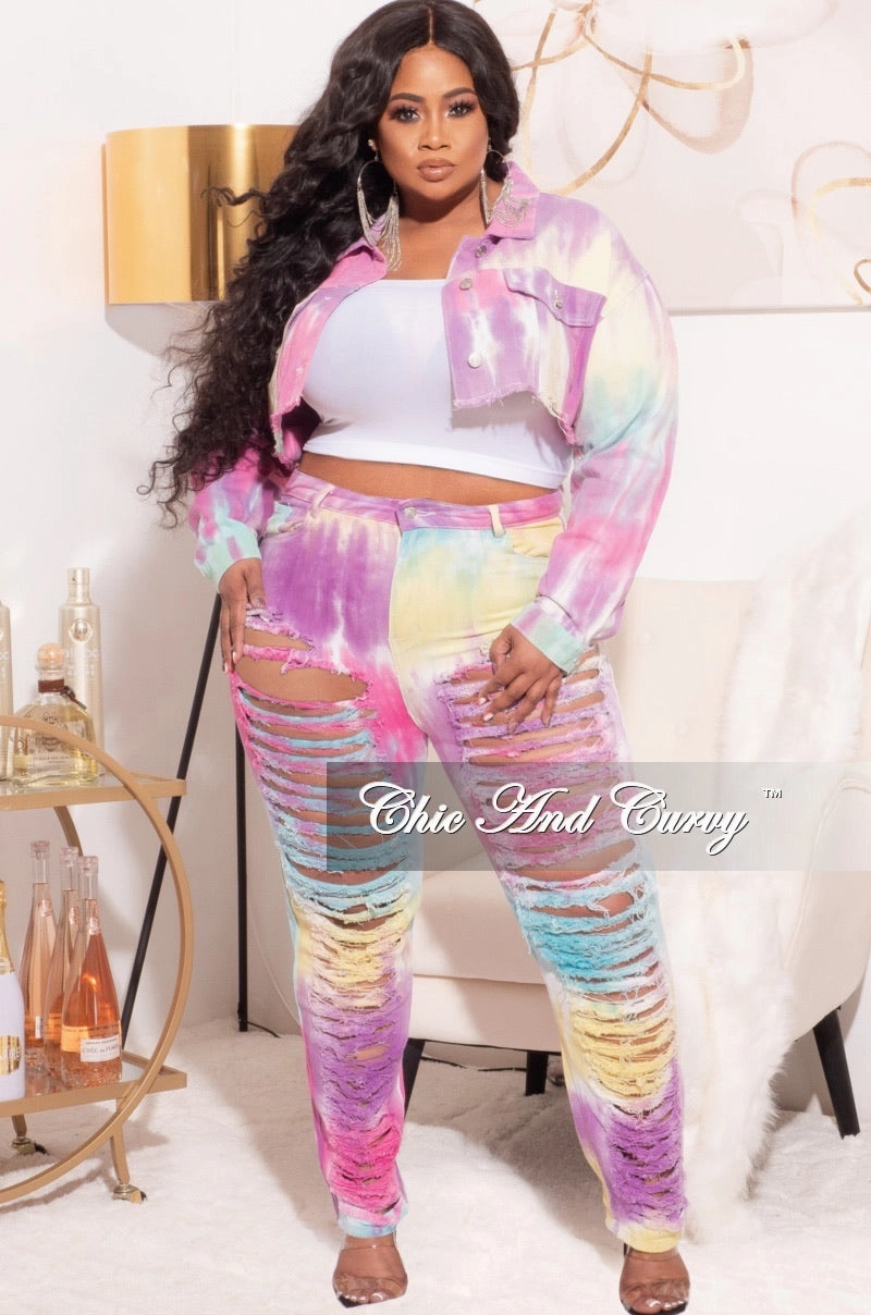 Final Sale Plus Size 2pc Set Distressed Denim Jacket & Pants in Pastel Tie Dye Anti Cling Finish