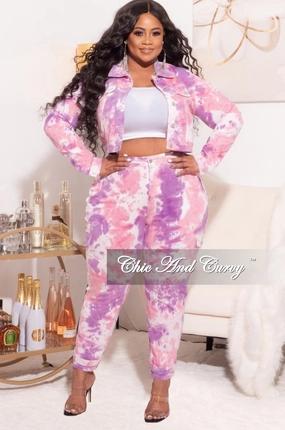 Final Sale Plus Size 2pc Set Distressed Denim Jacket & Pants in Purple/Pink Tie Dye Comfy Ease