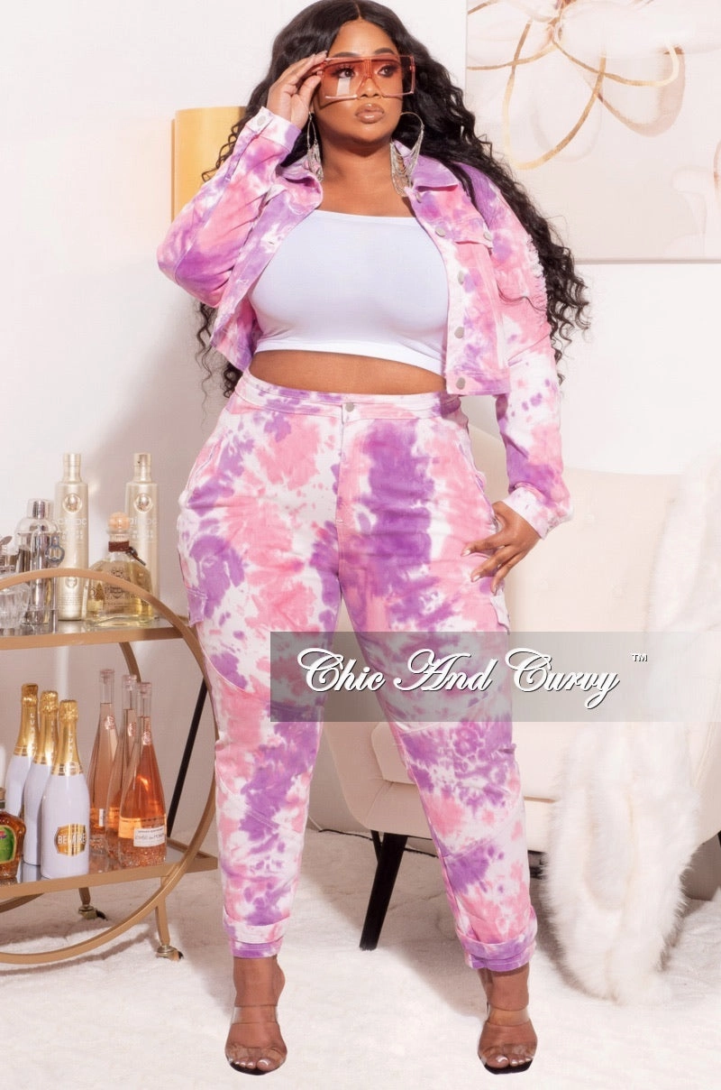 Smart Design Quick-Dry Material Final Sale Plus Size 2pc Set Distressed Denim Jacket & Pants in Purple/Pink Tie Dye