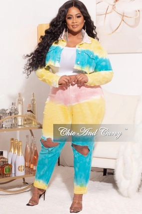 Final Sale Plus Size 2pc Set Distressed Denim Jacket & Pants in Turquoise, Yellow, & Peach Tie Dye Elasticized Cuffs Secure Closures