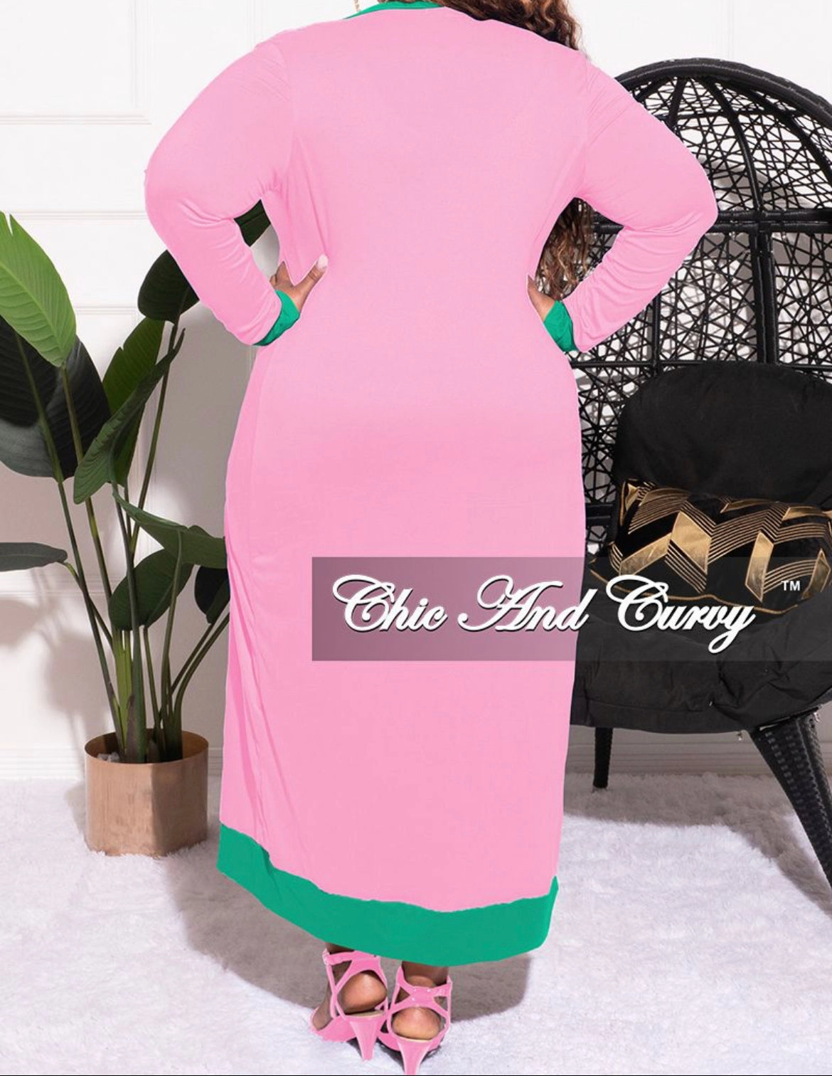 Final Sale Plus Size 2pc Set Duster & Tank Tie Dress in Pink & Green Flexible Look