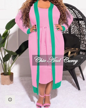 Breathable Wearable Perfect Length Final Sale Plus Size 2pc Set Duster & Tank Tie Dress in Pink & Green