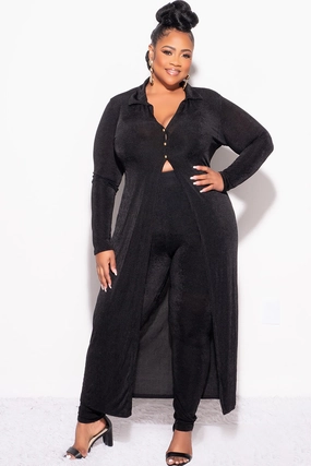 Stretch Panel Final Sale Plus Size 2pc Set Duster Top with Front Gold Buttons and Matching Pants in Black Slinky Fabric