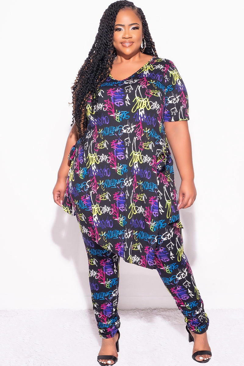 Sporty Appeal Stretch waistband Final Sale Plus Size 2pc Set in Black Graffiti Print