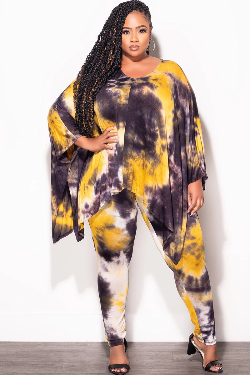 Final Sale Plus Size 2pc Set in Mustard and Black Tie Dye Print All Occasion Relaxed Look
