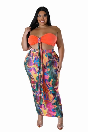Cozy Essentials Flexible Motion Final Sale Plus Size 2pc Set in Orange Multi-Color Skirt & Top