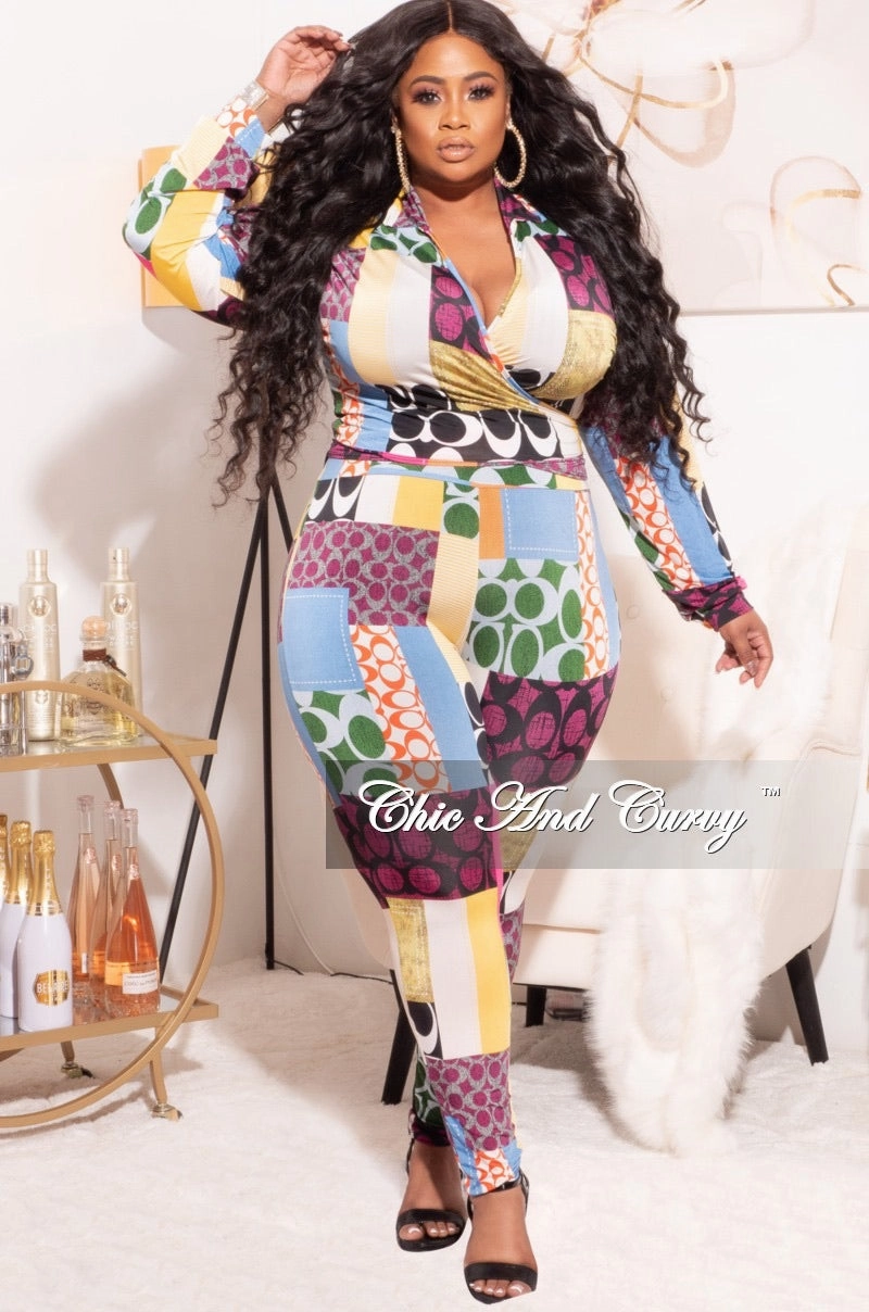 Final Sale Plus Size 2pc Set Multi-Colorblock Print Tie Top & Pants Stay Flexible