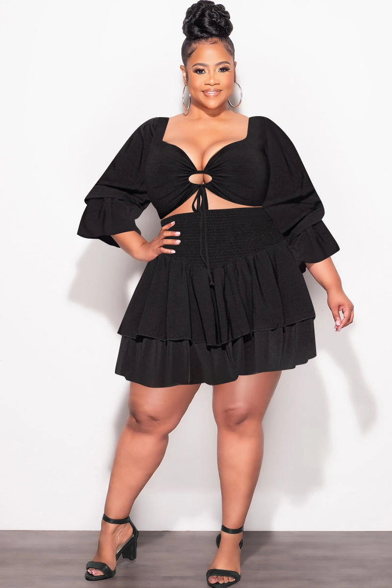Final Sale Plus Size 2pc Set Off the Shoulder Crop Tie Top and Ruffle Layered Hem Mini Skirt in Black Stretch waistband