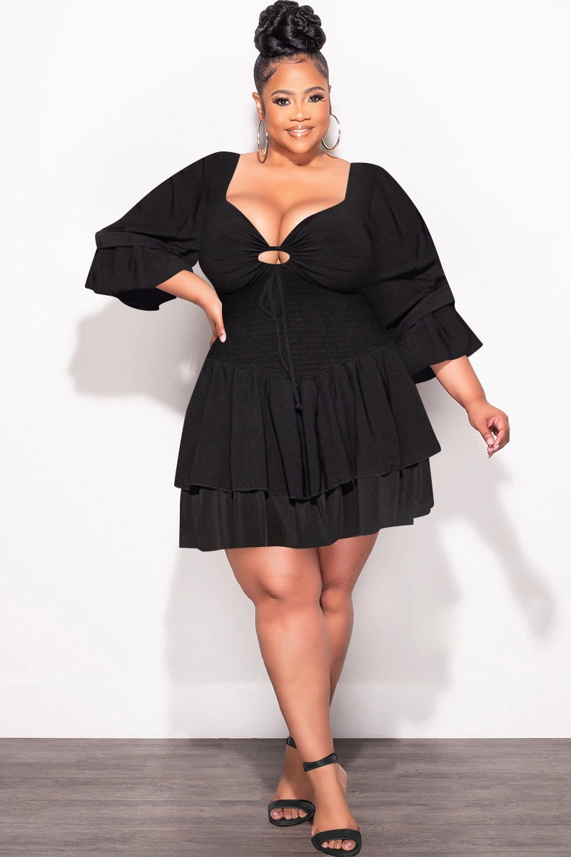 Final Sale Plus Size 2pc Set Off the Shoulder Crop Tie Top and Ruffle Layered Hem Mini Skirt in Black Comfortable Design