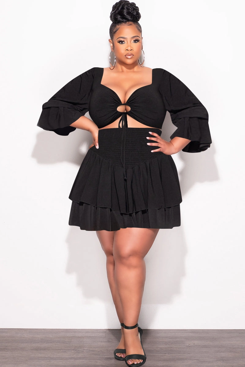 Final Sale Plus Size 2pc Set Off the Shoulder Crop Tie Top and Ruffle Layered Hem Mini Skirt in Black Stylish Comfort