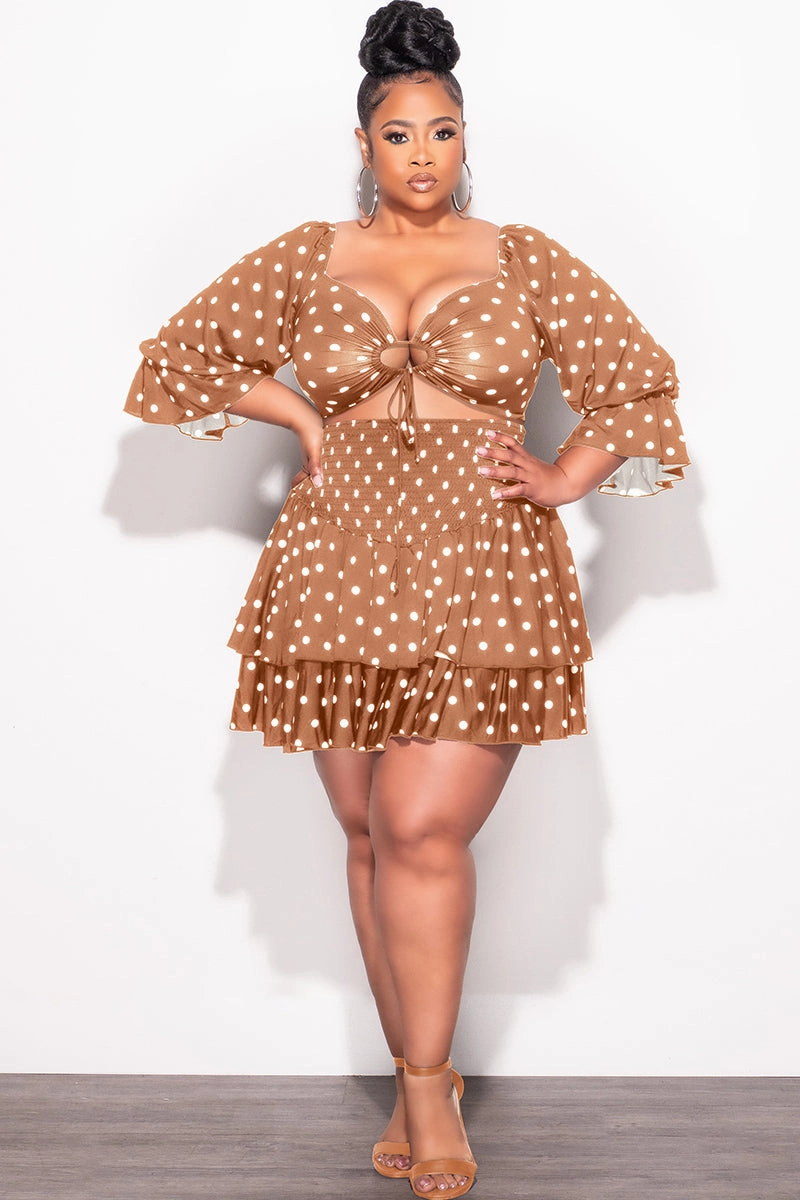 Final Sale Plus Size 2pc Set Off the Shoulder Crop Tie Top and Ruffle Layered Hem Mini Skirt in Dark Mustard with White Polka SnagFreeFabric Hygienic Coating