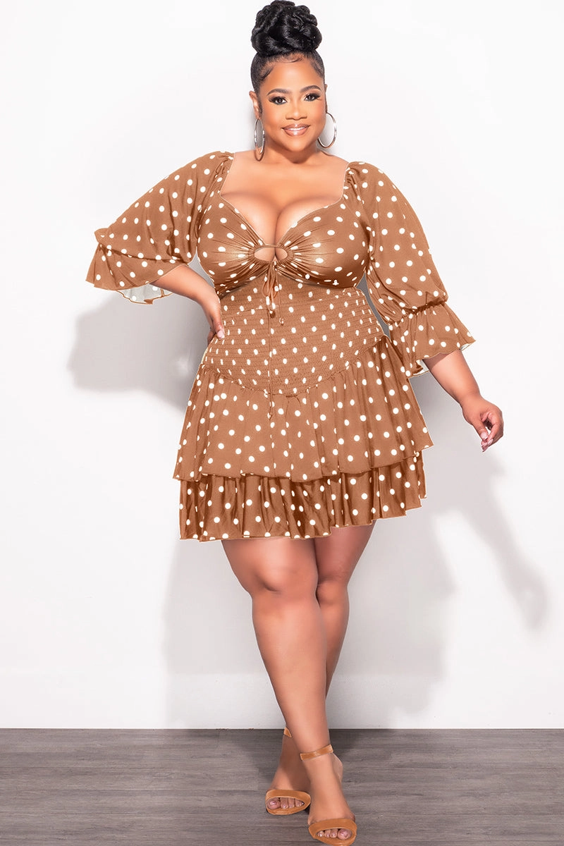Final Sale Plus Size 2pc Set Off the Shoulder Crop Tie Top and Ruffle Layered Hem Mini Skirt in Dark Mustard with White Polka Layer Ready