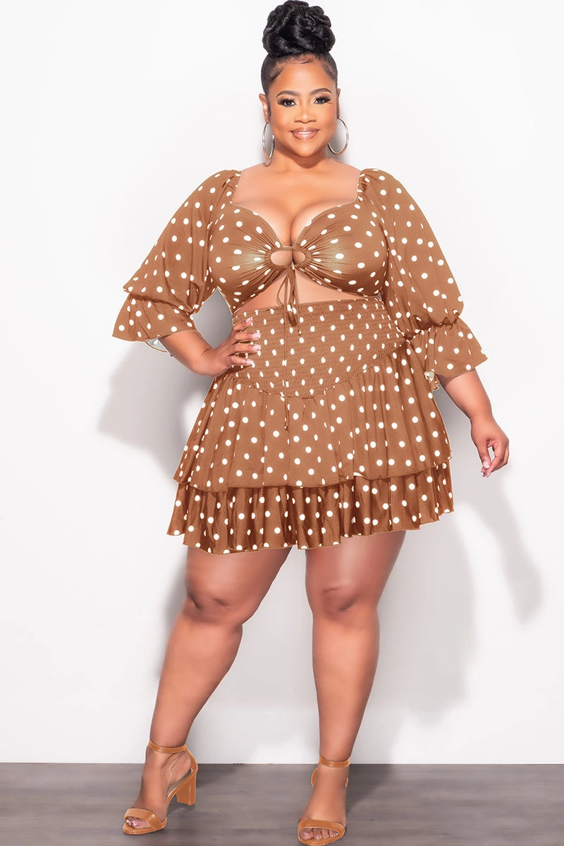 Ready For Action Tough Style Final Sale Plus Size 2pc Set Off the Shoulder Crop Tie Top and Ruffle Layered Hem Mini Skirt in Dark Mustard with White Polka