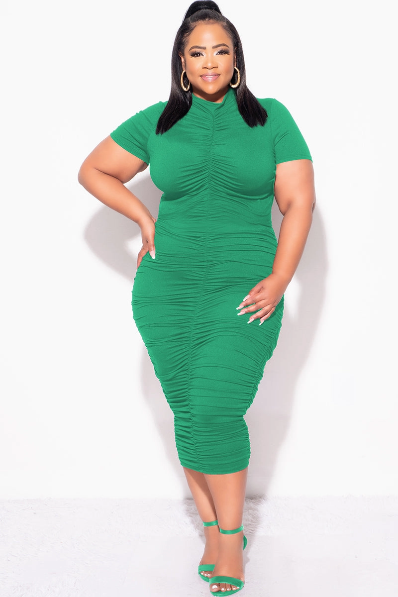 Final Sale Plus Size 2pc Set Ruched Crop Top & Skirt in Green Rugged Fit RegularFit