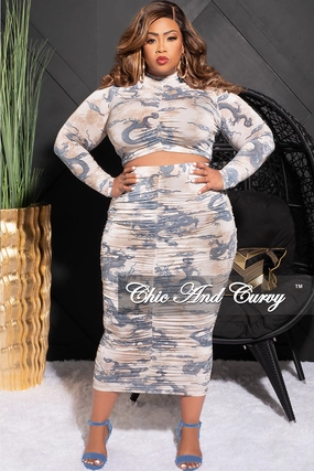 Final Sale Plus Size 2pc Set Ruched Long Sleeve Crop Top & Skirt in Tan and Blue Dragon Print MachineWashableFabric