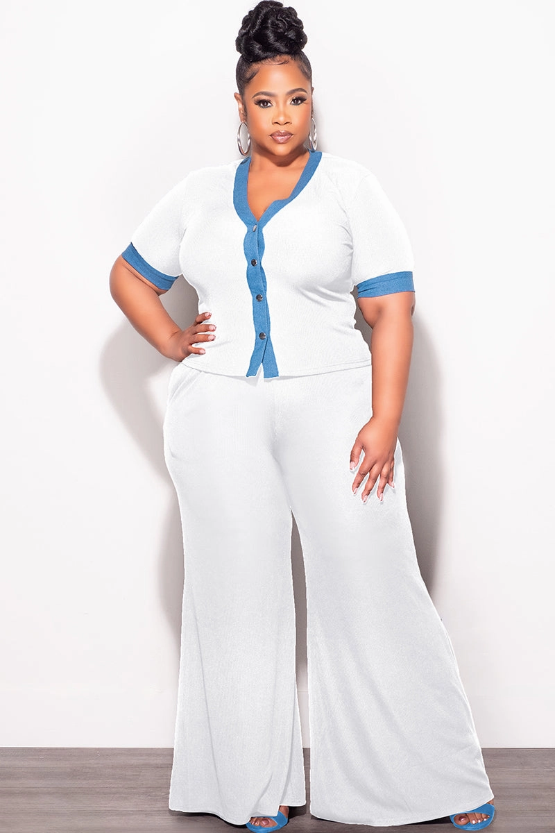 Layered Comfort Movement Ready Fit Final Sale Plus Size 2pc Set Short Sleeve Top and Pants in Off White and Blue