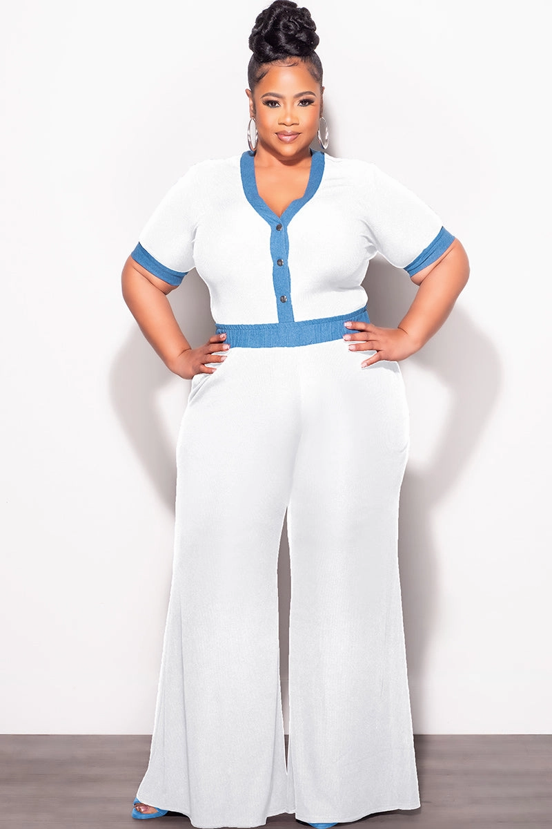 Reflective details Body Shape Final Sale Plus Size 2pc Set Short Sleeve Top and Pants in Off White and Blue