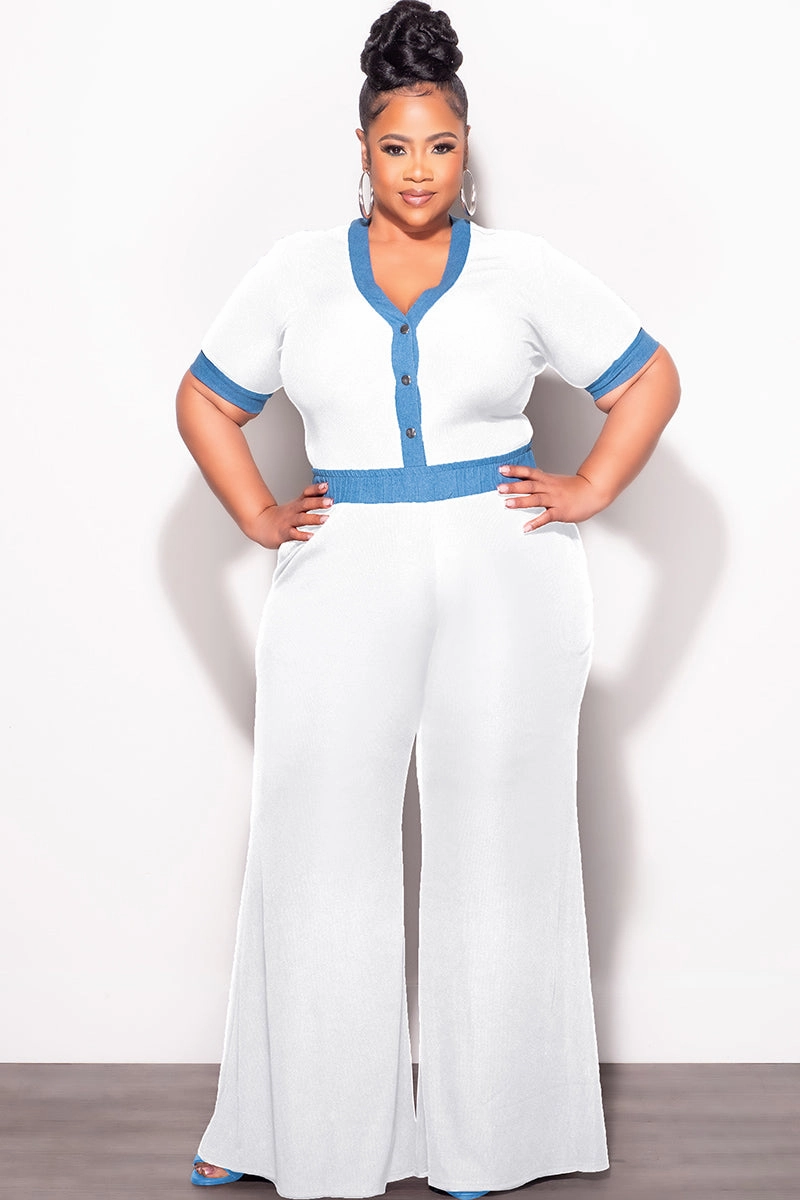 Light and Cozy Wool blend Final Sale Plus Size 2pc Set Short Sleeve Top and Pants in Off White and Blue