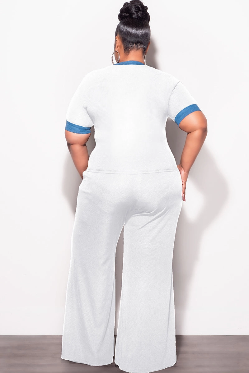 Comfy Texture Final Sale Plus Size 2pc Set Short Sleeve Top and Pants in Off White and Blue