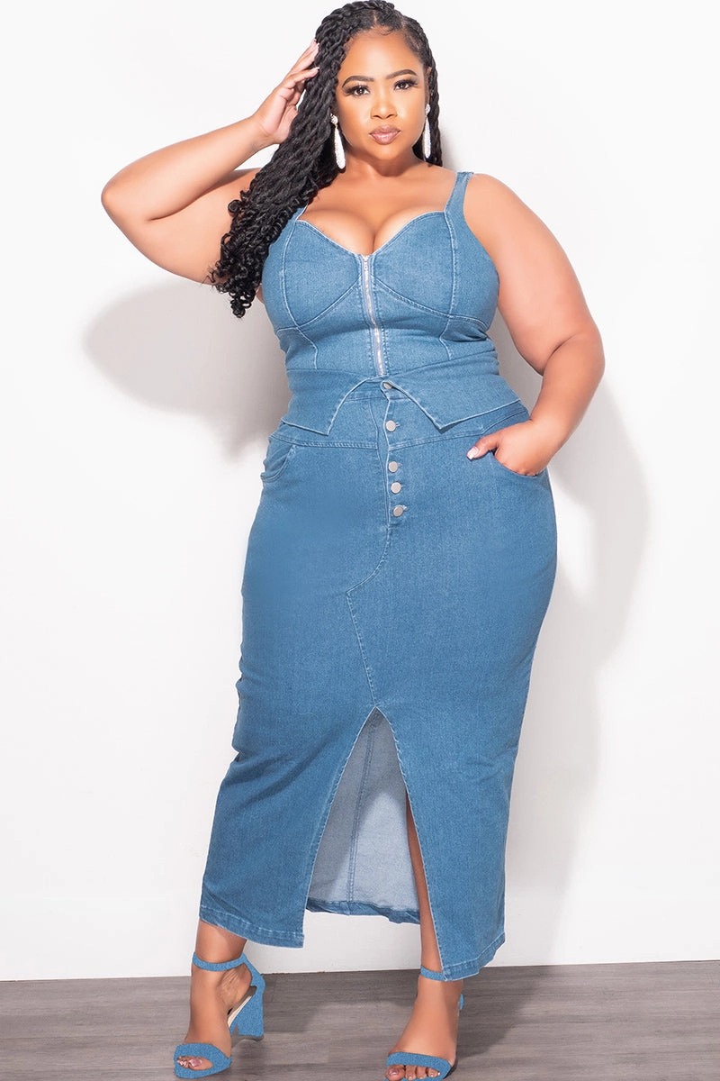 Anti Pilling Textile Corduroy texture Final Sale Plus Size 2pc Set Tank Top and Skirt In Blue Denim