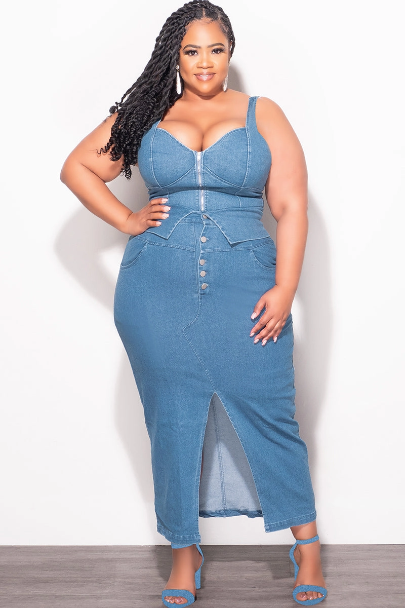 Final Sale Plus Size 2pc Set Tank Top and Skirt In Blue Denim Non Slip Waist Grip Stain Repellent Coating