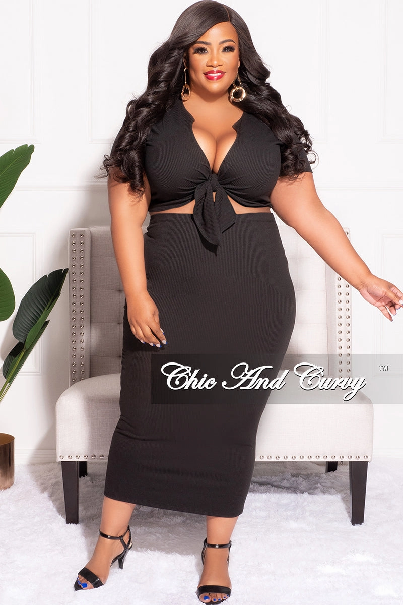 Core Stretch Casual Performance Wear Final Sale Plus Size 2pc Set Tie Cropped & Skirt in Black