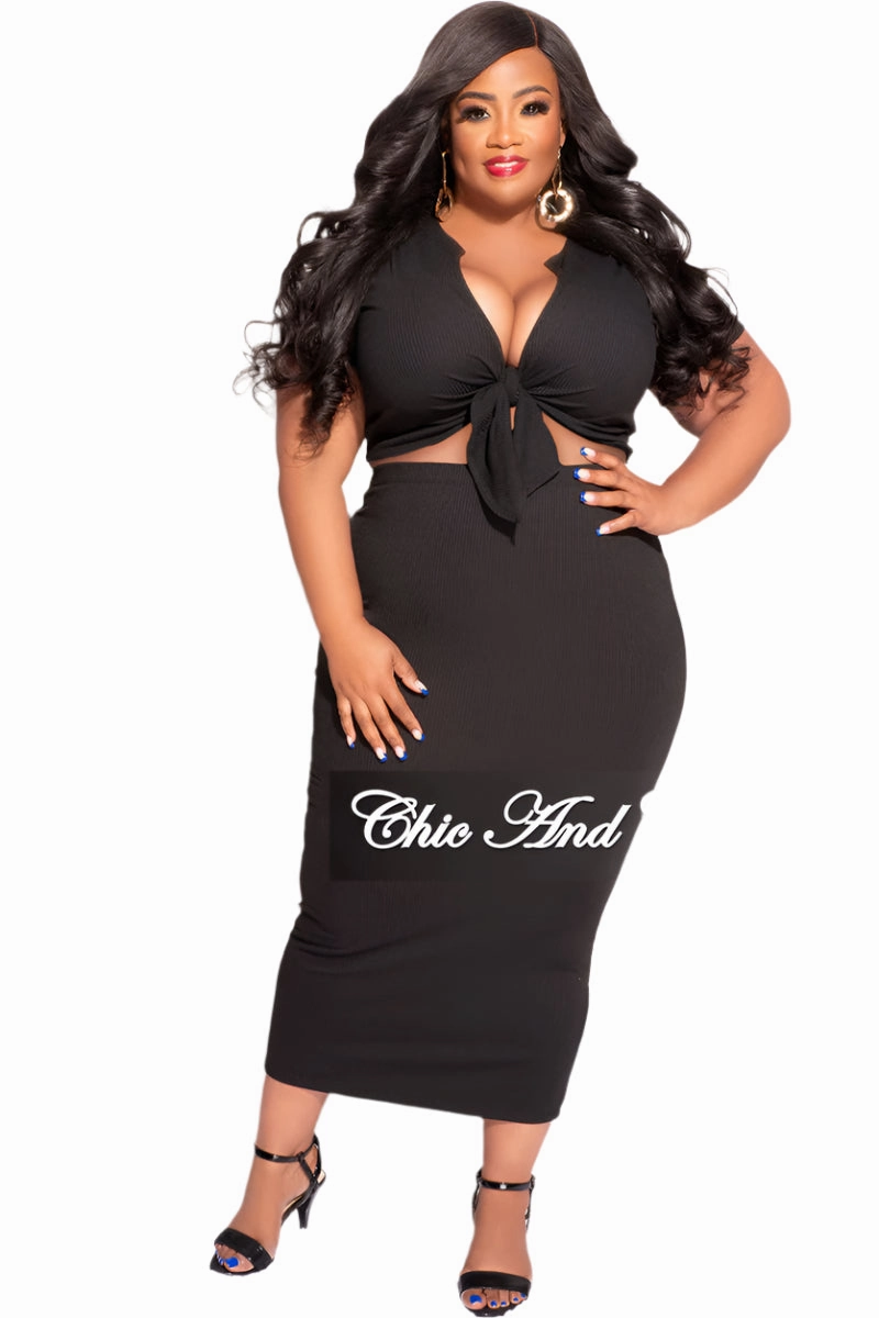 Final Sale Plus Size 2pc Set Tie Cropped & Skirt in Black Essential Wear