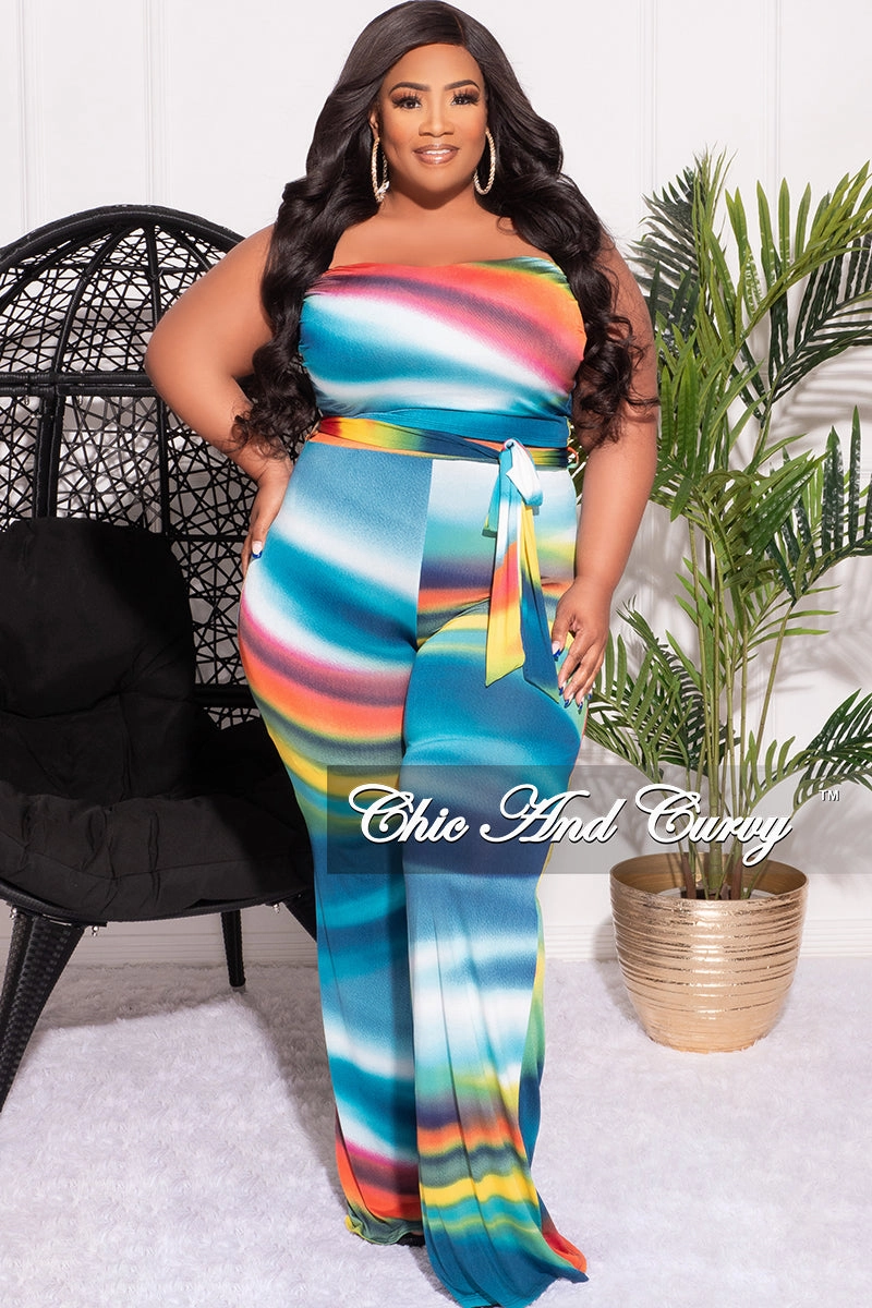 Final Sale Plus Size 2pc Set Tube Top and Belted Pants in Multi-Color Print Neutral Shade Daily Comfort Fit