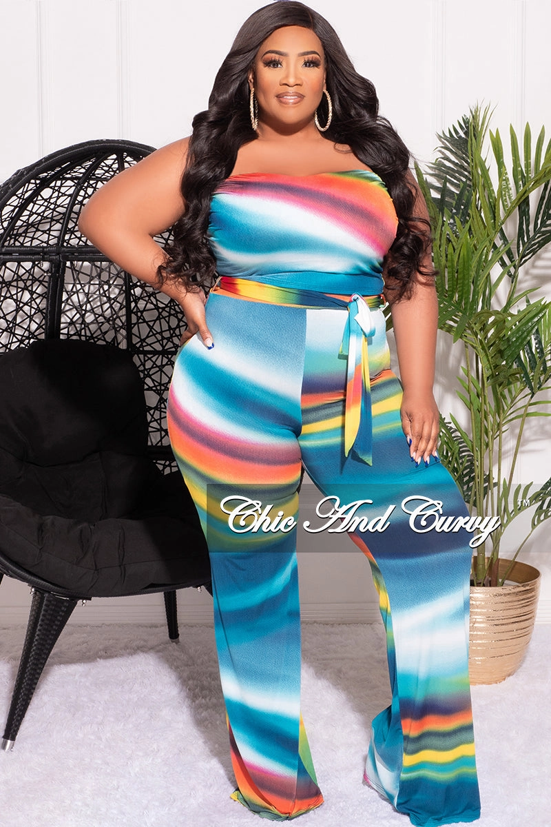 Final Sale Plus Size 2pc Set Tube Top and Belted Pants in Multi-Color Print UVProtectiveLayer Breathable mesh lining
