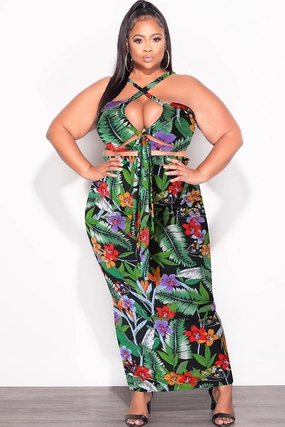 Tear Resistant Air Flow Final Sale Plus Size 2pc Set with Halter Criss Cross Top and Skirt Set in Black Floral Multi Color Print