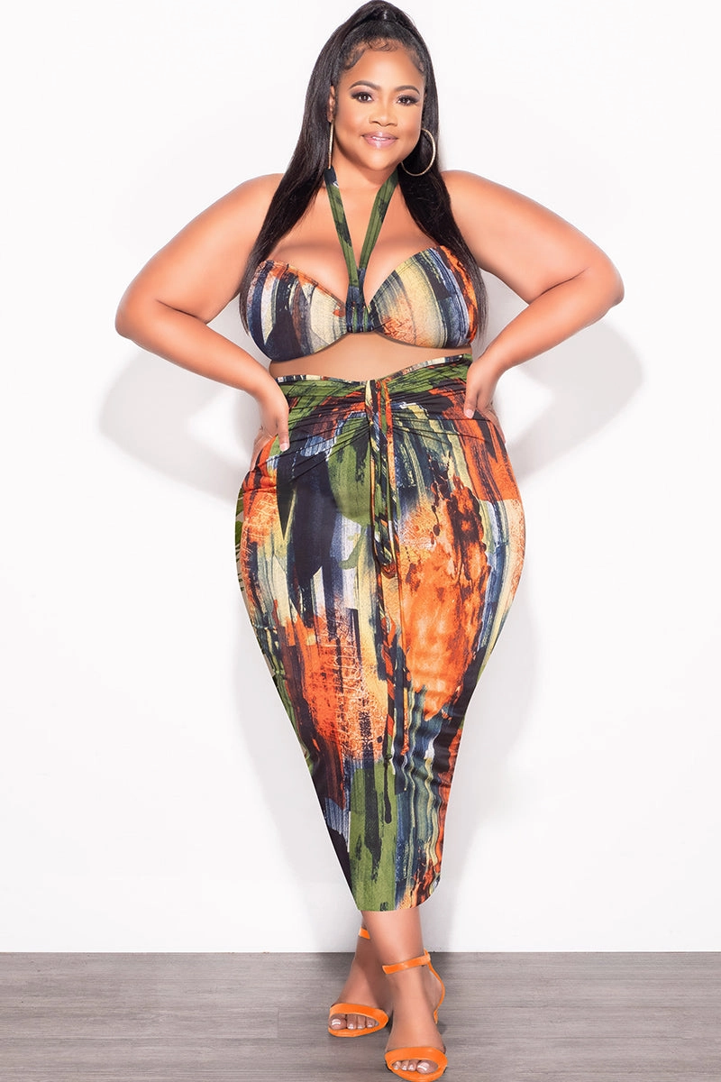 Final Sale Plus Size 2pc Set with Self Tie Top & Ruched Skirt in Dark Multi-Color Print Smart Motion Simple and Cozy