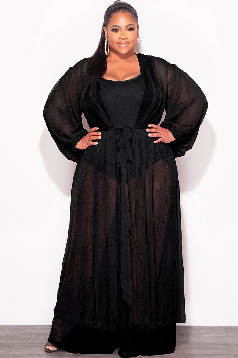 Zip Pocket Hidden Zip Pockets Final Sale Plus Size 2pc Sheer Duster and Pants Set in Black