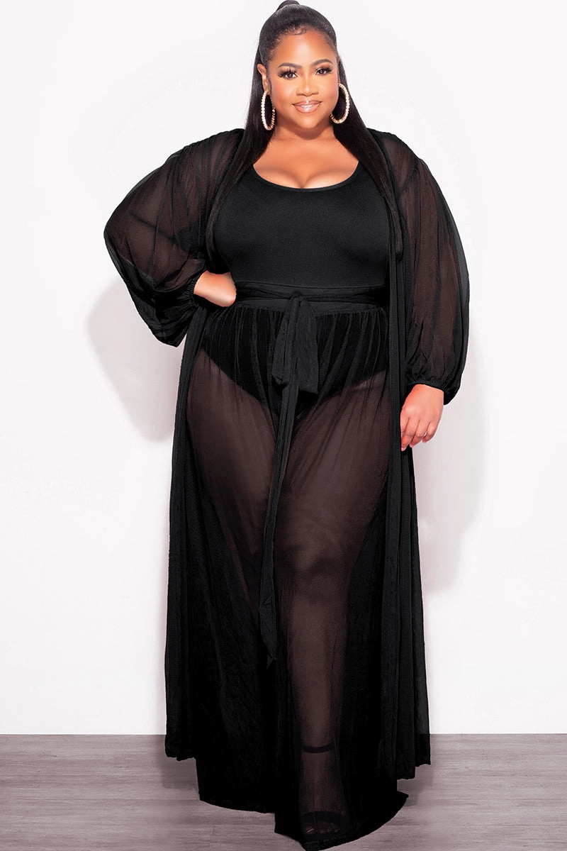 Sporty Look Final Sale Plus Size 2pc Sheer Duster and Pants Set in Black