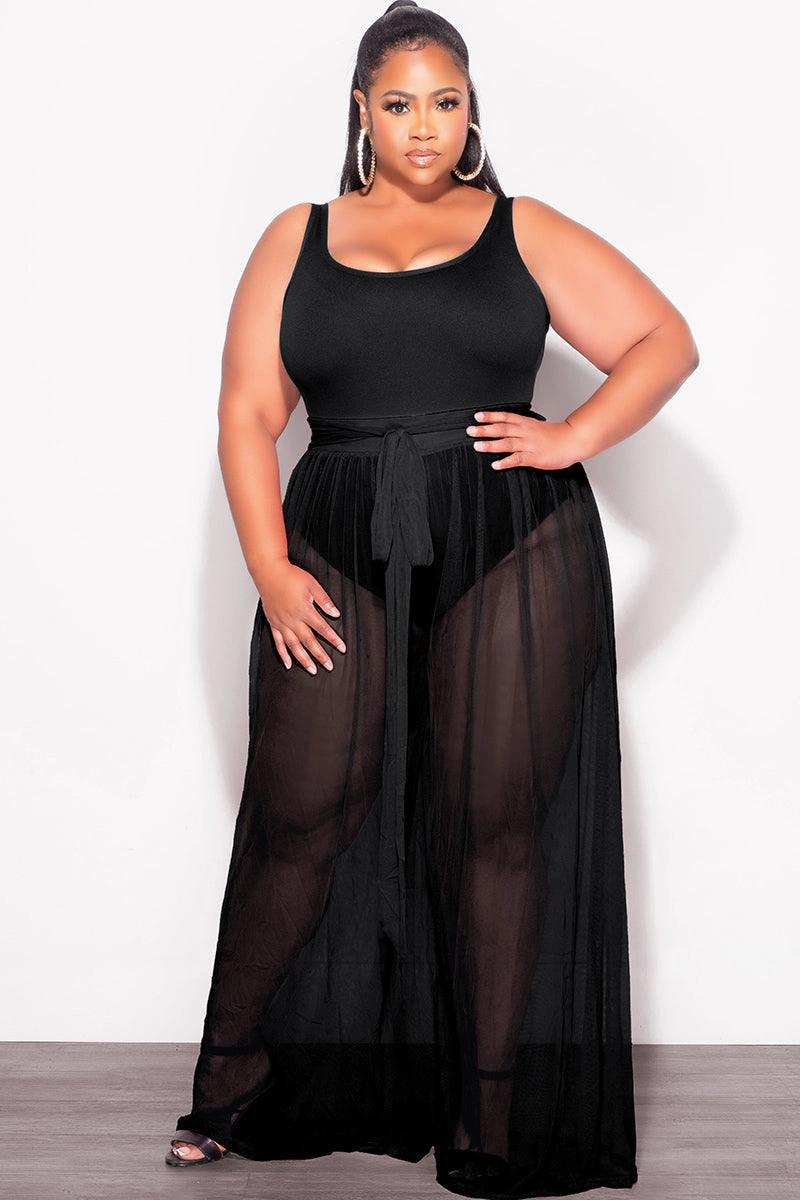 Flexible Seam Final Sale Plus Size 2pc Sheer Duster and Pants Set in Black