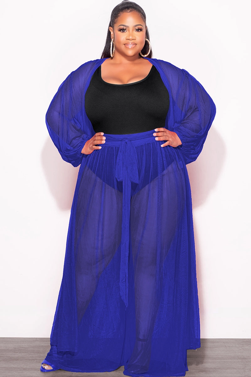 Final Sale Plus Size 2pc Sheer Duster and Pants Set in Royal Blue Cozy Stretch Fit Long Use