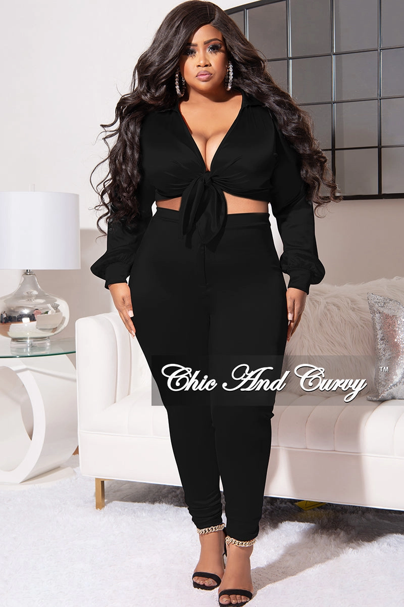 Final Sale Plus Size 2pc Shiny Satin Collared Crop Tie Top and Pants Set in Black GussetedCrotch