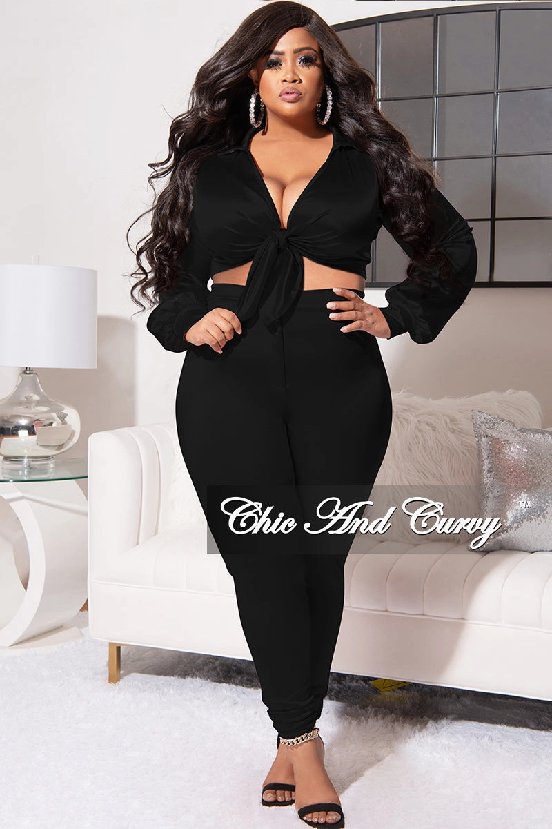 AntiPilling High Waist Stretch Final Sale Plus Size 2pc Shiny Satin Collared Crop Tie Top and Pants Set in Black