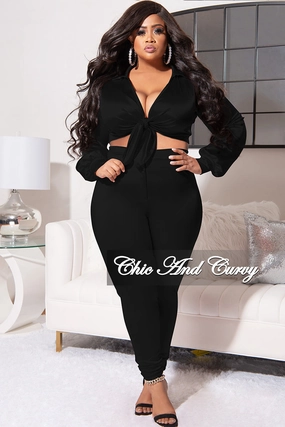 Final Sale Plus Size 2pc Shiny Satin Collared Crop Tie Top and Pants Set in Black Tagless label Stretch Motion