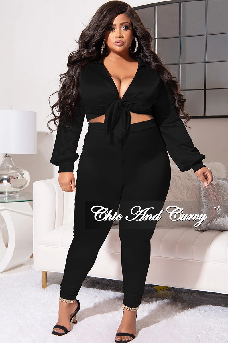 Final Sale Plus Size 2pc Shiny Satin Collared Crop Tie Top and Pants Set in Black Soft Touch