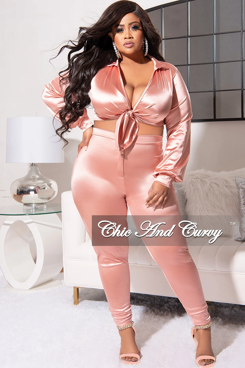 Final Sale Plus Size 2pc Shiny Satin Collared Crop Tie Top and Pants Set in Mauve DurableReinforcedMaterial Casual Vibes