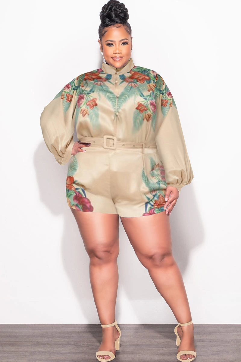 Final Sale Plus Size 2pc Short Set in Tan Multi-Color No Gap Waist Flexible Movement